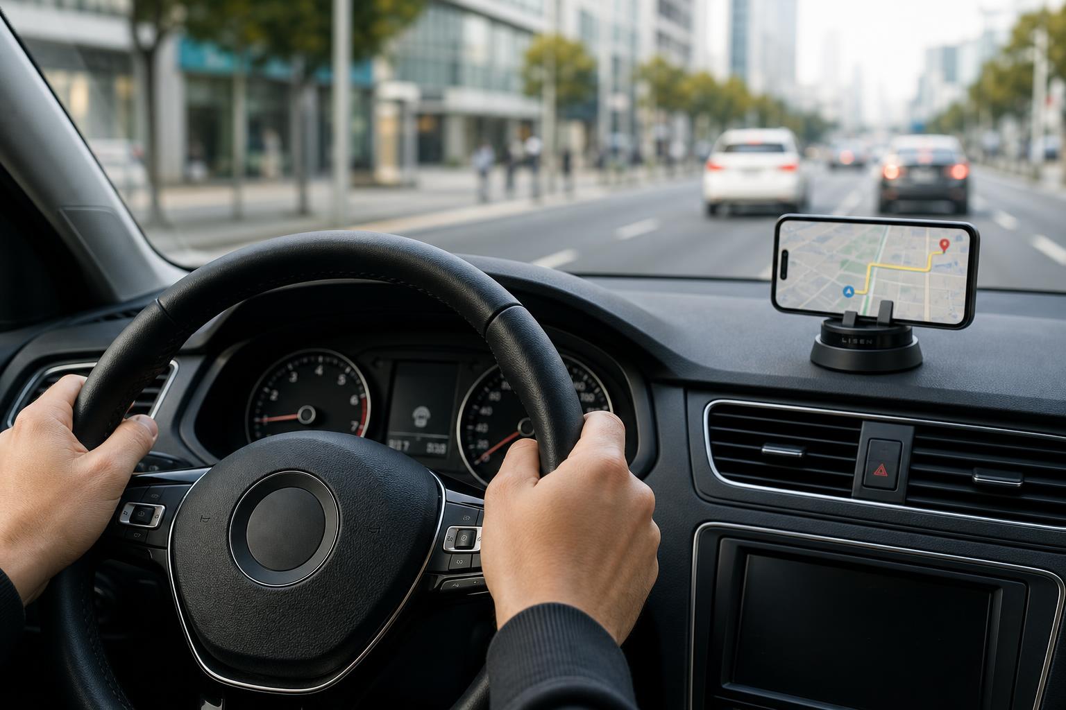 Conductor con ambas manos en el volante, celular fijo en el soporte